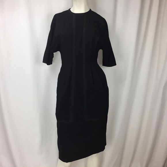 Vintage MISS BONWIT TELLER Black Short Sleeve Structured Dress Pockets Sz M - Picture 1 of 6